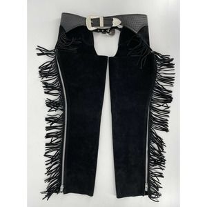 Western Heritage Women's Chaps Black Suede Zip Fringe Silver Buckle Size Small